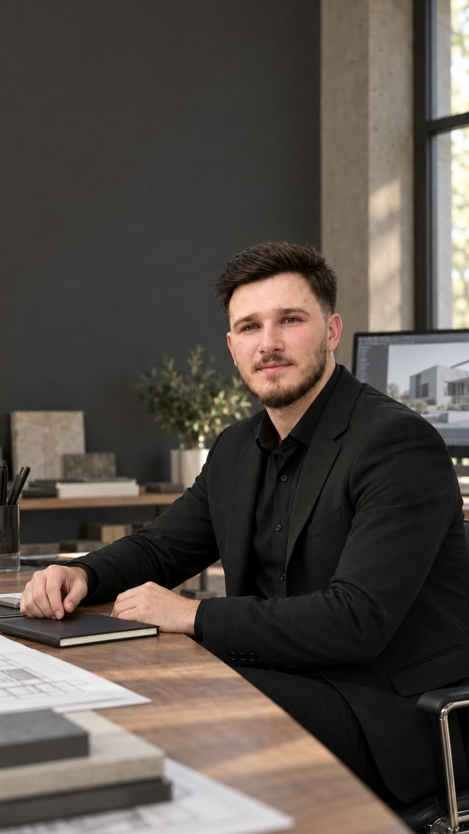 Berkcan Çötür siyah takımla çalışma masasında